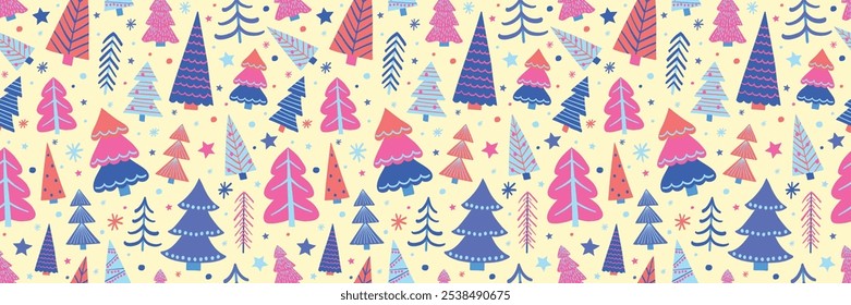 Cute Christmas pattern with colourful trees and snowflakes. Wallpaper concept. Vector illustration