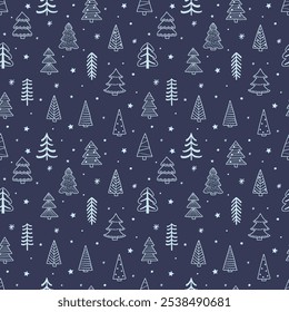 Cute Christmas pattern with colourful trees and snowflakes. Wallpaper concept. Vector illustration