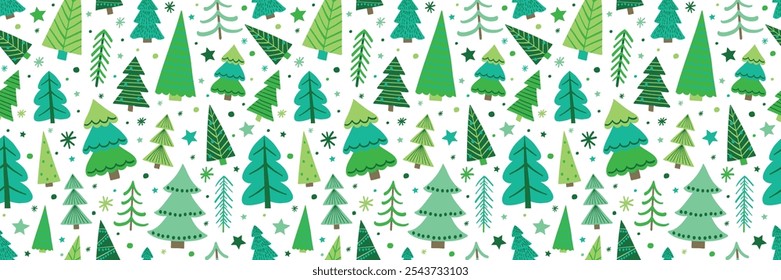Nettes Weihnachtsmuster mit bunten Bäumen und Schneeflocken. Konzept für Bildschirmhintergründe. Vektorgrafik