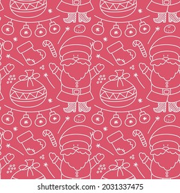 Un lindo patrón de Navidad al estilo de doodle. Santa Claus, guirnaldas, regalos y otros elementos de Año Nuevo con un fondo rojo. Ideal para envolver papel, textiles de vacaciones y otros materiales impresos. 