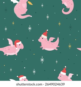 Cute Christmas Pattern with Dragons in Santa Hats on Green Background. Festive Illustration for Holiday Wrapping Paper, Gift Boxes, Textile