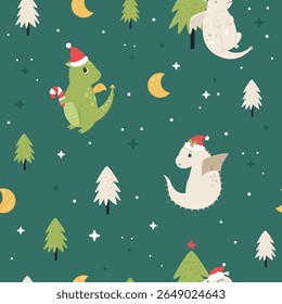 Cute Christmas Pattern with Dragons in Santa Hats on Green Background. Festive Illustration for Holiday Wrapping Paper, Gift Boxes, Textile