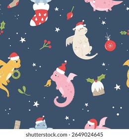 Cute Christmas Pattern with Dragons in Santa Hats on Blue Background. Festive Illustration for Holiday Wrapping Paper, Gift Boxes, Textile