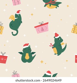 Nettes Weihnachtsmuster mit Drachen in Weihnachtsmützen auf beigem Hintergrund
