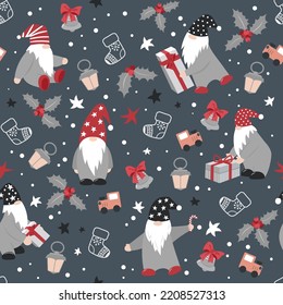 Cute Christmas pattern with dwarfs, Christmas bells and gifts. Seamless pattern.