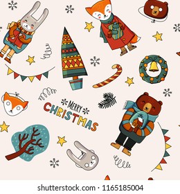 A cute Christmas pattern with forest animals, a Christmas tree, the inscription Merry Christmas, a wreath. Seamless vector in cartoon style.