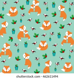 Cute Christmas pattern with foxes and birds