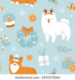 Cute christmas pattern with funny dogs. Seamless vector blue cartoon xmas print for kids.