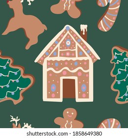 Cute Christmas pattern with gingerbread house, man, deer, trees and candy cane on green background. Winter holidays, sweet, for kids, festive, Christmas treats, cookies, new year, Christmas market
