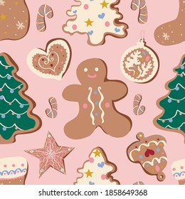 Cute Christmas pattern with gingerbread man, Christmas trees, stocking, candy cane and heart cookies on pastel pink background. Winter holidays, sweet, for kids, treats, new year, Christmas market