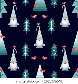 Cute Christmas pattern with gnome, Christmas trees and  little red birds in night. Seamless vector pattern.
