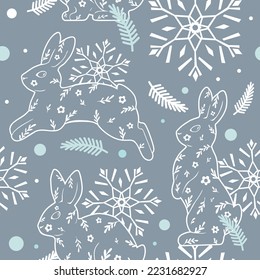 Un lindo patrón de Navidad. Patrón gráfico sin fisuras de conejos y copos de nieve. Ilustración vectorial para tela, papel pintado y papel envolvente.