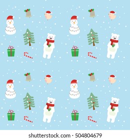 Cute Christmas Pattern
Christmas inspired seamless pattern with snowman, polar bear and Christmas tree on blue background