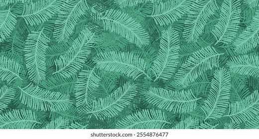 Cute Christmas pattern with light and dark emerald green coniferous branches. Overlapping fir or pine twigs with needles print for textile, wrapping paper, surface, wallpaper, background