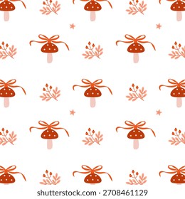 Cute Christmas pattern with mushroom-shaped Christmas tree decorations and red bows