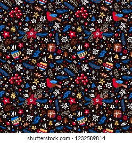 Cute christmas pattern. Robins, cups of hot tea, cones and other cute items among snowflakes and confetti. Merry Christmas and Happy New Year!