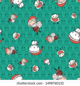 Cute Christmas pattern with Santa Claus, snowman, and bird on Christmas bells background. Fun vector Christmas background for kids, fabric, wrapping paper.
