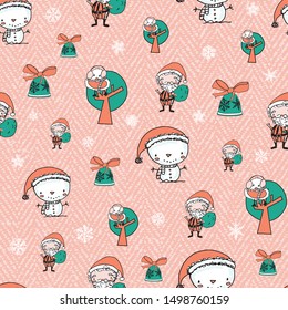 Cute Christmas pattern with Santa Claus, snowman, bird and Christmas bells on textured background. Fun vector Christmas background for kids, fabric, wrapping paper.