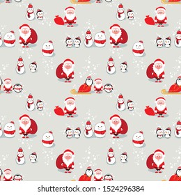 Cute Christmas pattern with Santa Claus holding sack, penguins and snowman on light background with snow. Seamless vector pattern.
