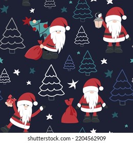 Cute Christmas pattern with Santa Claus, Christmas trees and gift . Seamless pattern.