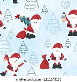 Cute Christmas pattern with Santa Claus, Christmas trees and gift . Seamless pattern.