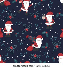 Cute Christmas pattern with Santa Claus, Christmas trees and gift . Seamless pattern.