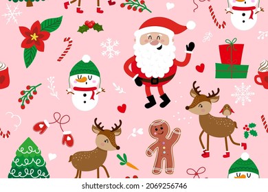 Cute christmas pattern with Santa, snowman and deer - Adorable Xmas characters. Hand drawn doodle set for kids. Good for textile, nursery, wallpaper, clothes. Christmas gift wrapping paper.