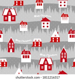 Cute Christmas pattern  Scandinavian red houses  Vector illustration for cover  card  textile   interior design  wrapping paper for New Year 