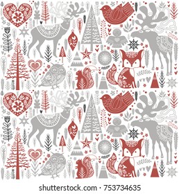 Cute Christmas pattern in Scandinavian style. Editable vector illustration