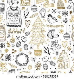 Cute Christmas pattern. Seamless background with winter elements, New Year and Christmas doodles