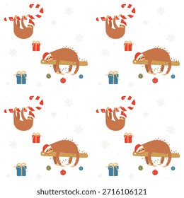 Ein süßes Weihnachtsmuster mit Faultieren. Auf transparentem Hintergrund. Girlanden und Weihnachtsbaumkugeln sind im Hintergrund enthalten.