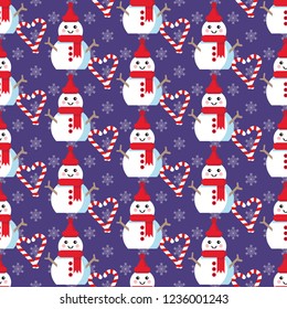 Cute Christmas pattern with snowman, candy canes and snowflakes