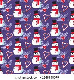 Cute Christmas pattern with snowman, candy canes and mistletoe