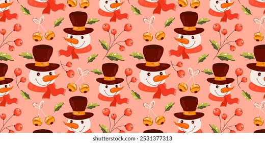 Lindo patrón de Navidades con muñeco de nieve y decoraciones de follaje. Se puede utilizar como Fondo de pantalla o textura de impresión. 