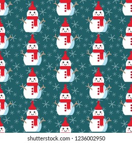 Cute Christmas pattern with snowman and snowflakes