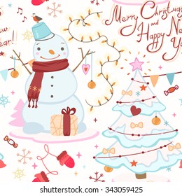 cute Christmas pattern with snowman, Christmas tree, greeting