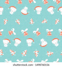 Cute Christmas pattern with snowman, Christmas trees and Christmas bells on textured background. Fun vector Christmas background for kids, fabric, wrapping paper.