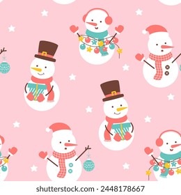 Cute christmas pattern with snowmen on pink background for holiday designs. Seamless snowman winter vector illustration for print.