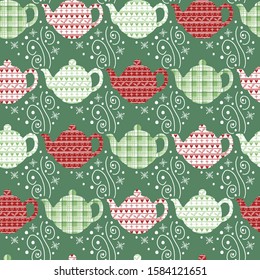 Cute christmas pattern with teapotsand snowflakes. Vector repeat seamless pattern. Can be used for holiday giftwrap, fabric, wallpaper, stationery, packaging.