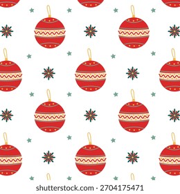 A cute Christmas pattern with Christmas tree decorations in red tones. Perfect for festive packaging and textiles.