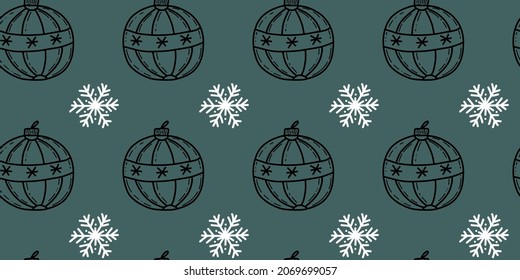 cute Christmas pattern with Christmas tree toys and snowflakes on a dark background for fabrics, packages and gift boxes