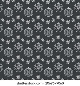 cute Christmas pattern with Christmas tree toys and snowflakes on a dark background for fabrics, packages and gift boxes