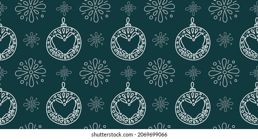 cute Christmas pattern with Christmas tree toys and snowflakes on a dark background for fabrics, packages and gift boxes