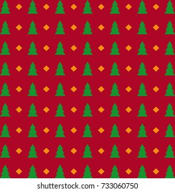 Cute Christmas pattern with Christmas trees on red background. Vector illustration. 