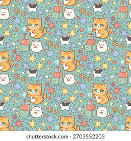 Cute Christmas pattern vector. Seamless cats pattern with snowflake, gift, and star. Festive Christmas Background Design.