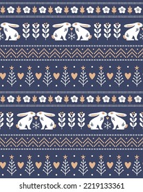 Cute Christmas pattern for winter holidays with nordic mistletoe, bunnies, trees, stars. Blue and gold seamless vector pattern, background or wallpaper for fabric or giftware