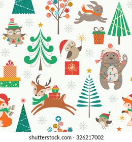 Cute Christmas pattern with woodland animals, Christmas trees and gifts