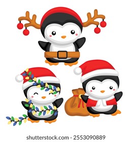 Cute Christmas Penguin Animal Winter Holiday Cartoon Illustration Vector Clipart Sticker Decoration