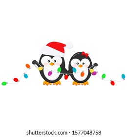 Cute christmas penguin boy and girl couple set isolated on white background -  winter baby penguin in Santa Claus red christmas hat and colored light garland. Flat design vector character illustration