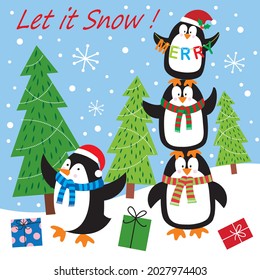 Cute Christmas Penguin For Christmas Card, Gift Bag Or Box Design